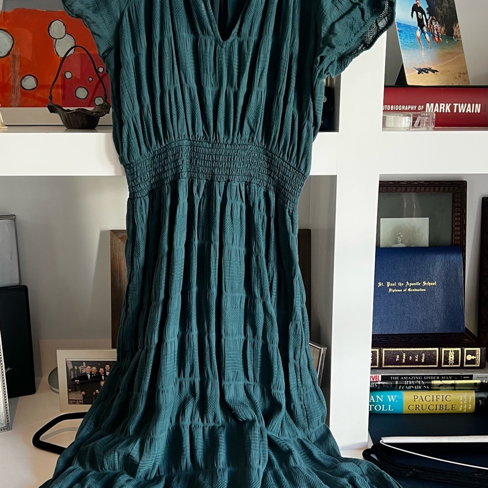lovestitch Teal Smocked-Waist V-Neck Midi Dress